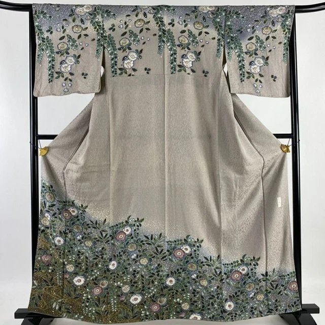 Woman Japanese Kimono Houmongi Silk Flowers Stream Gold Foil GaryPurple
