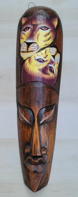Lion Tribal African Mask Jungle Carved Wood Wall Decor 20" Safari
