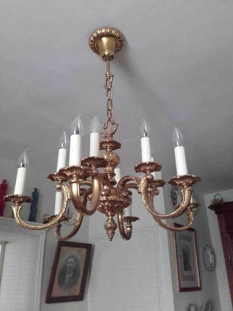 Lustre en bronze doré, style hollandais, 6 branches avec 2 lampes sur chaque