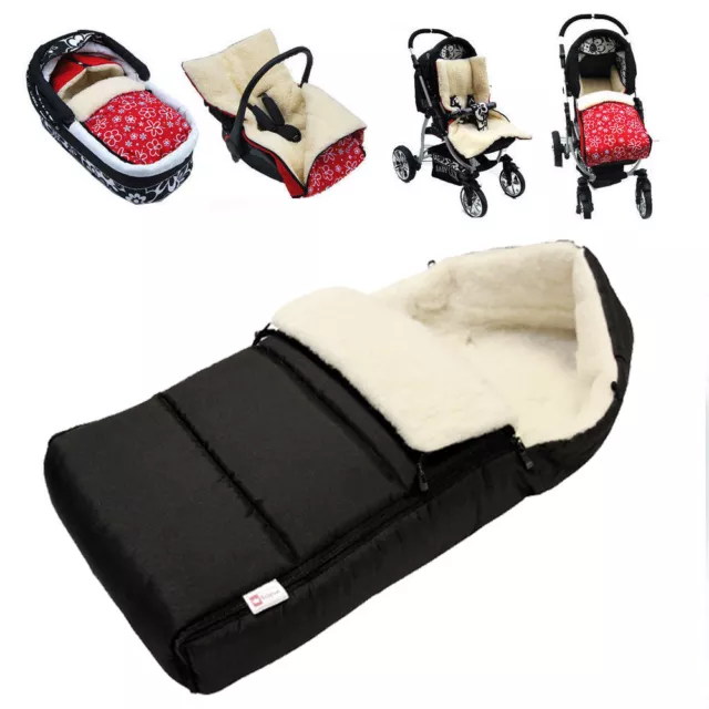 BABYLUX Fußsack LAMMWOLLE 90cm Winterfußsack Kinderwagen- Babyschale- SCHWARZ