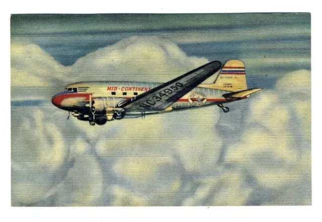 Mid Continent Airlines Postcard DC-3 In Flight Braniff