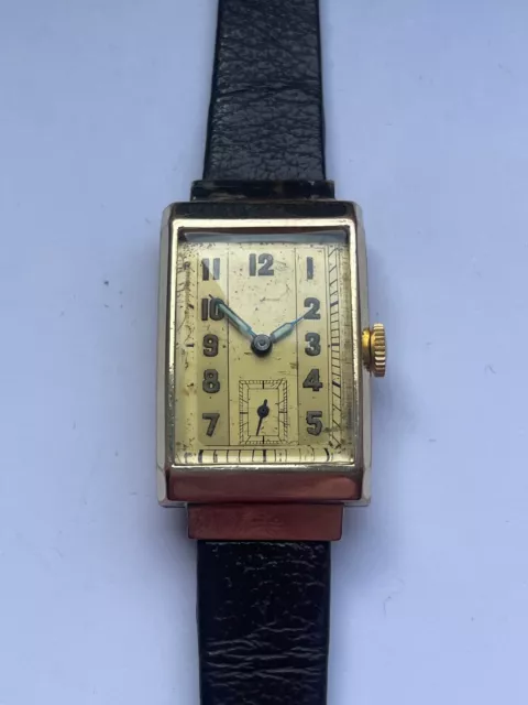 Art Deco kleine Armbanduhr  ca. 1920 Walzgold Double Lederband Handaufzug läuft