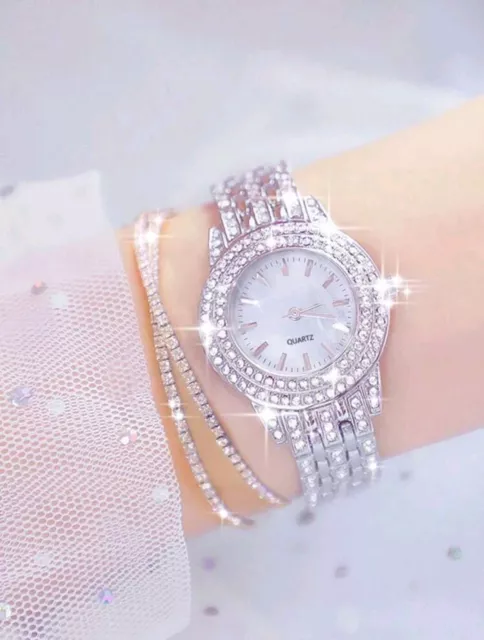 Armbanduhr mit Armkette  Schmuckset Uhren Damen  Mädchen Silber Strass Geschenk