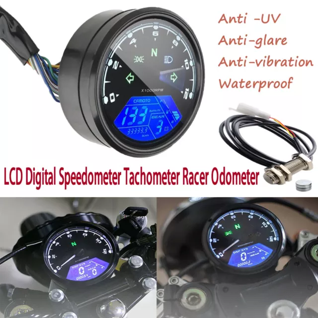 LCD Digital Universal Motorcycle Odometer Speedometer Tachometer 12000RPM Gauge