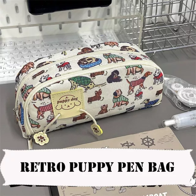 Puppy Print Pen Bag Canvas Stationery Bag Retro Pencil Case