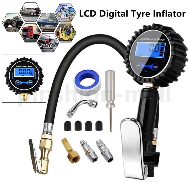 DIGITAL TYRE INFLATOR LCD Pressure Gauge Air Line Clipon Tyre Pump