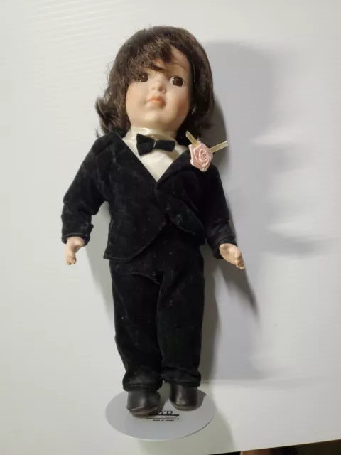 MYD Marian Yu Designs Porcelain boy Doll groom 10" With Stand VTG