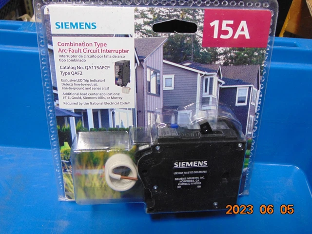 Interruptor de circuito por falla de arco Siemens QP 15 amperios tipo QAF2 QA115AFCP