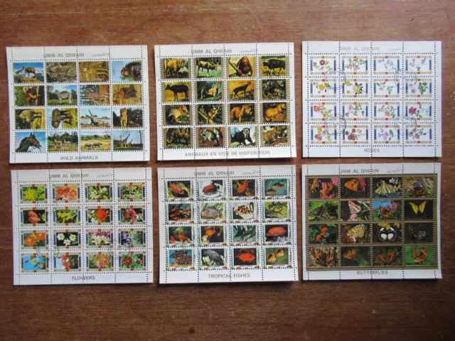 Lot 6 Planches TIMBRES - UMM AL QIWAIN / EMIRATS ARABES UNIS animaux - fleurs &