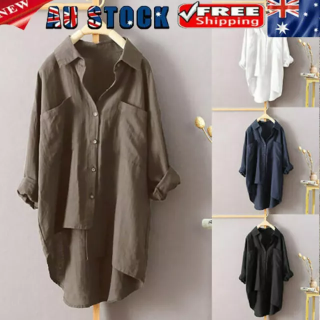 Womens Cotton Linen Button T Shirt Asymmetry Blouse Ladies Long Sleeve Tops AU