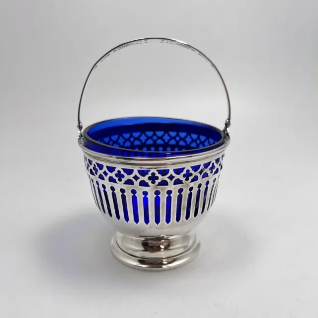 Antique Sterling Silver Reticulated Sugar Basket Cobalt Blue Glass Insert 678