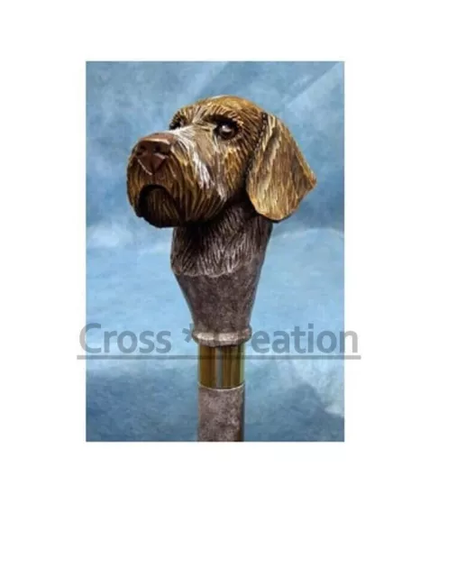 German Wirehaired Pointer Dog Head Handle Carved Wooden Walking Stick Cane Gift