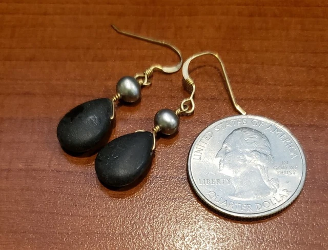 Gold filled earrings, beautiful matte finish onyx w/gray freahwater pearl