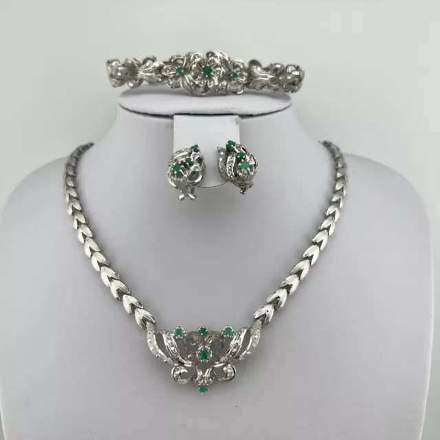 Sterling Silver 925 Green stone Necklace Bracelet Earrings Set 67.5g Bridal Gift