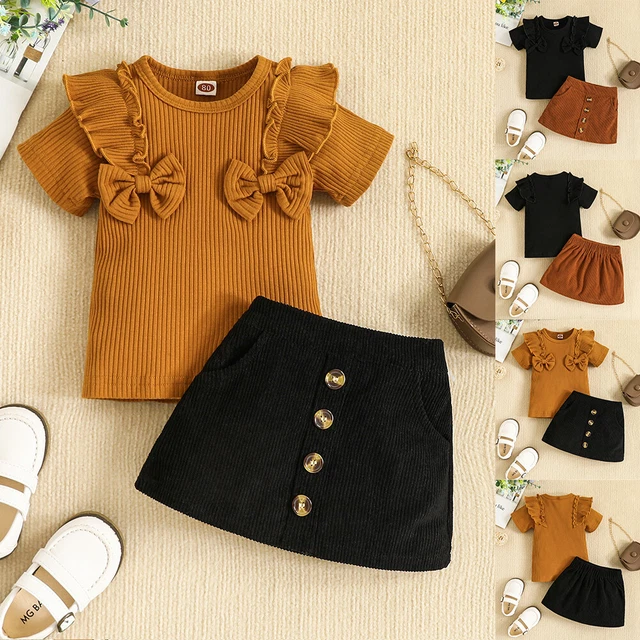 Baby Girls Ruffle Bow Outfits Short Sleeve Tops Skirt Dress Party Ribbed Clothes