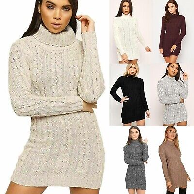 Women's Ladies chunky cable knitted polo neck jumper long sleeve dress Plus UK