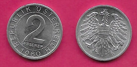 Austria 2 Groschen 1980 Unc Imperial Eagle With Austrian Shield On Breast,Holdin