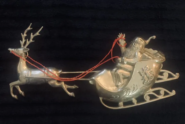 Vintage Solid Brass Santa Sleigh & A Reindeer, Wall Hanging Art Christmas Hangin