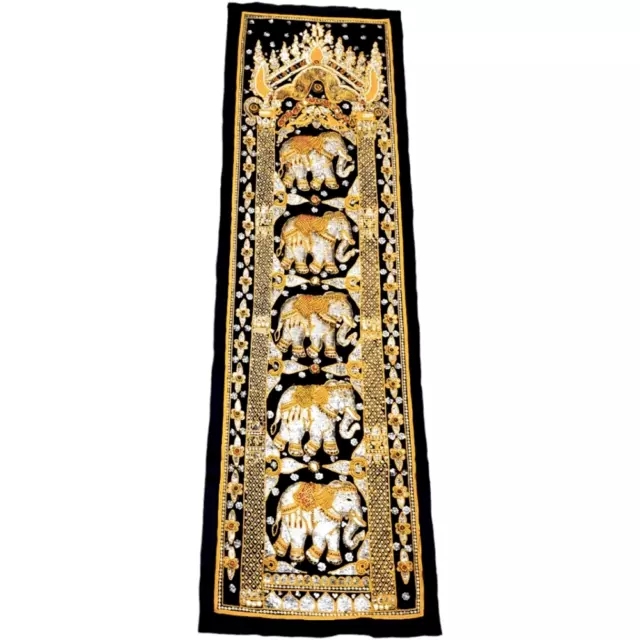 Burmese Kalaga 5 Elephant Sequined Beaded Tapestry Vertical Wall Hanging
