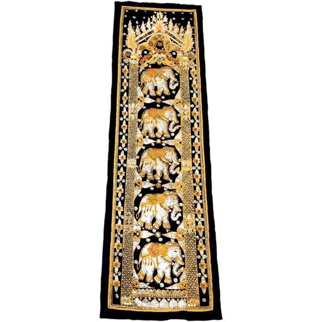Burmese Kalaga 5 Elephant Sequined Beaded Tapestry Vertical Wall Hanging