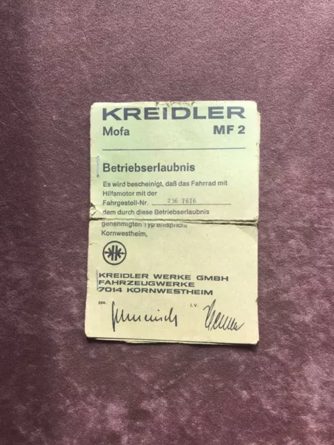 Kreidler MF2 operating permit 1976