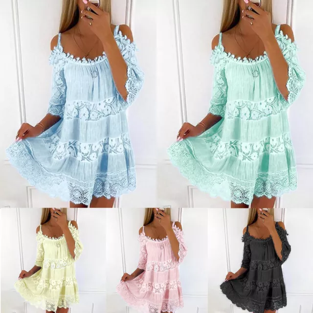 Women Lace Flower Off Shoulde Boho Dresses Beach Holiday Mini Dress Sundress #AU