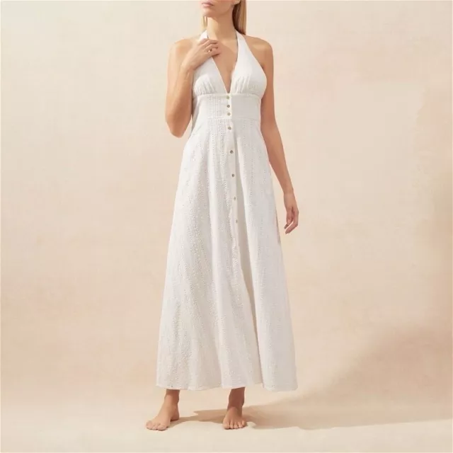 HEIDI KLEIN XL ‘Palermo' White 100% Cotton Halterneck Maxi Dress Gold Buttons