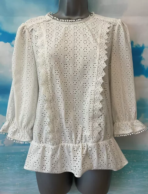 OASIS M/12 Vgc White Broderie Lace Trim 3/4 Sleeve Top