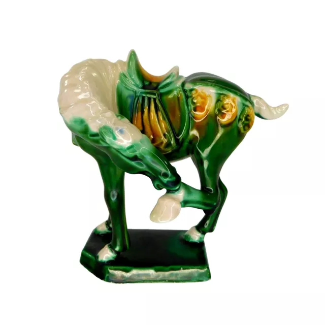 Vintage Chinese Tang Dynasty War Horse Figurine  Green Sancai Glaze Porcelain 5"