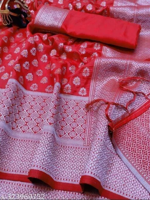 Hochwertiger Butta-Sari aus neuer roter Jacquard-Seide für Damenbekleidung...