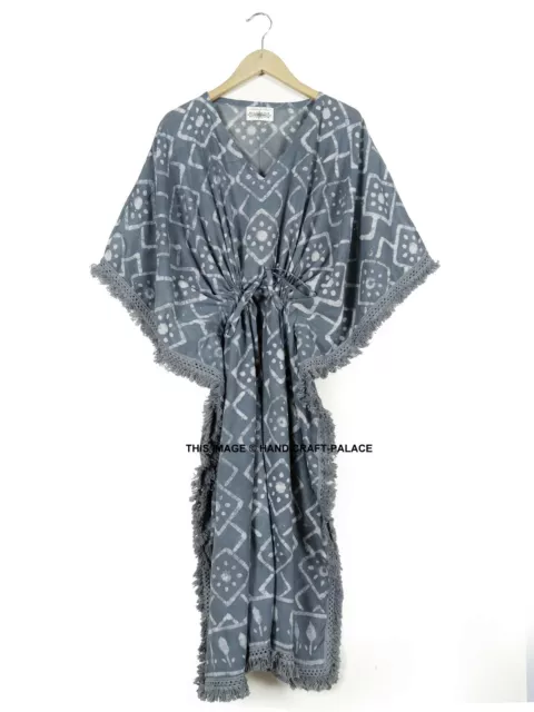 Anokhi,Vintage Indian Block Print cotton Kaftan Grey Maxi Dress,Boho Caftan