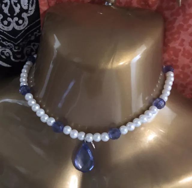 Choker Necklace Faux Pearl And Blue Teardrop Bead Stretch Pretty Pendant Costume