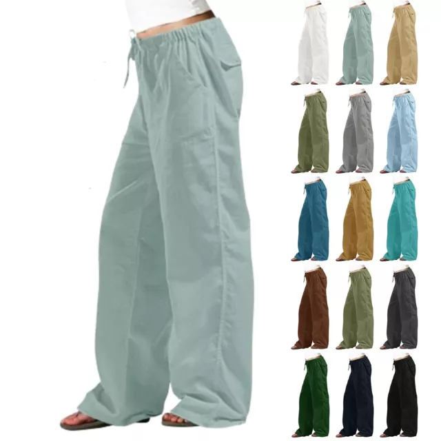 Women Summer Loose Cotton Linen Long Pants Wide Leg High Waist Trousers Size 5XL