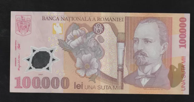 Romania , 100000 Lei, 2001, P-114, Polymer Extremely Fine (XF) Banknote