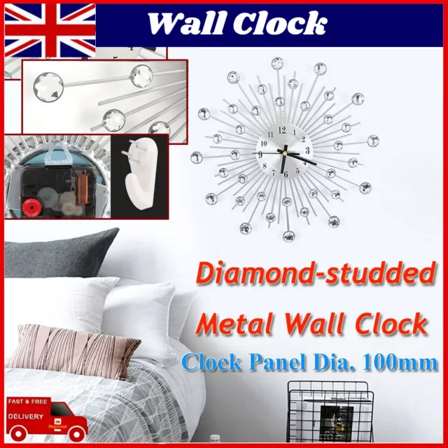 30cm Handcrafted 3D Wall Clock Diamante Beaded Crystal Jeweled Sunburst Silver