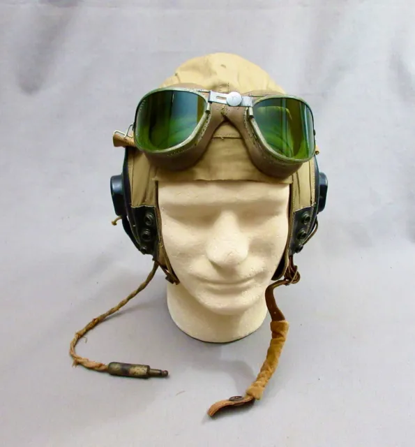 WWII AN-H-15 Cotton Flight Helmet- Bates Shoe Co. -With American Optical Goggles