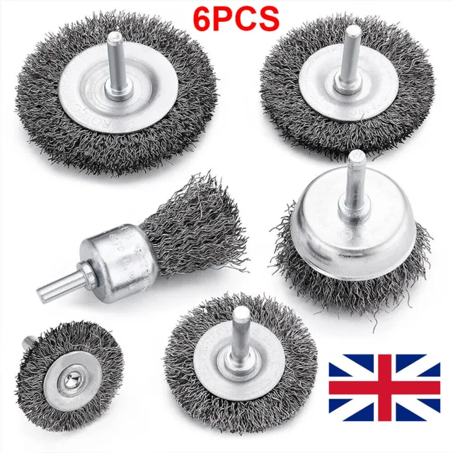 6PC Rotary Steel Wire Brush Drill Attachment Cup Wheel Set Tool Rust Removal Kit