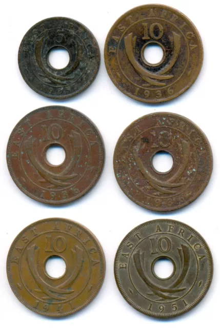 East Africa Tanzania Set of 6 Bronze Coins 5, 10 Cents 1925 - 1951