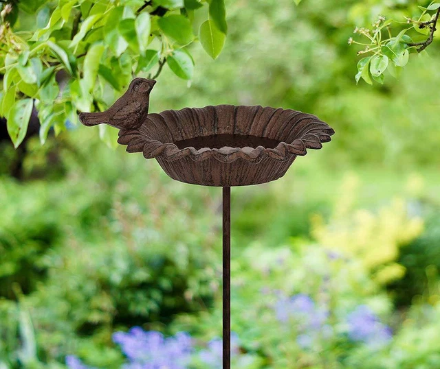 Vogeltränke auf Stab Futterschale Vogelbad Gusseisen Braun Vintage 75,5cm
