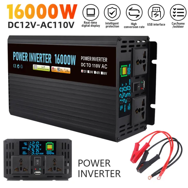 16000 Watt Car Vehicle Power Inverter Converter DC 12V to AC 110V Pure Sine Wave