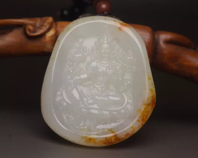 Chinese Natural Hetian Jade Carved Kwan Yin Statue Good Luck Pendant Jewelry Art
