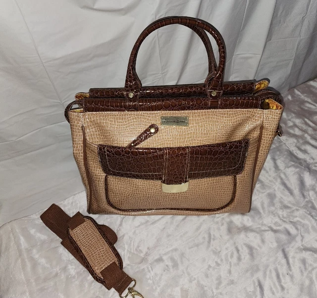 Samantha Brown TAN & BROWN Lg Dowel Bag CROCO EMBOSSED Super Rare 16" x 12" x 8" 3