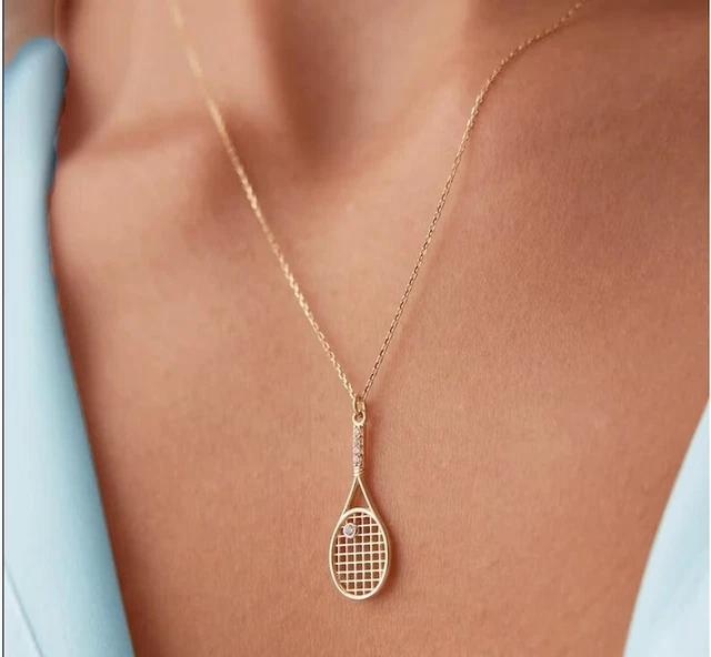 Round Cut Simulated Diamond Tennis Racket Pendant Chain 14K Yellow Gold Plated