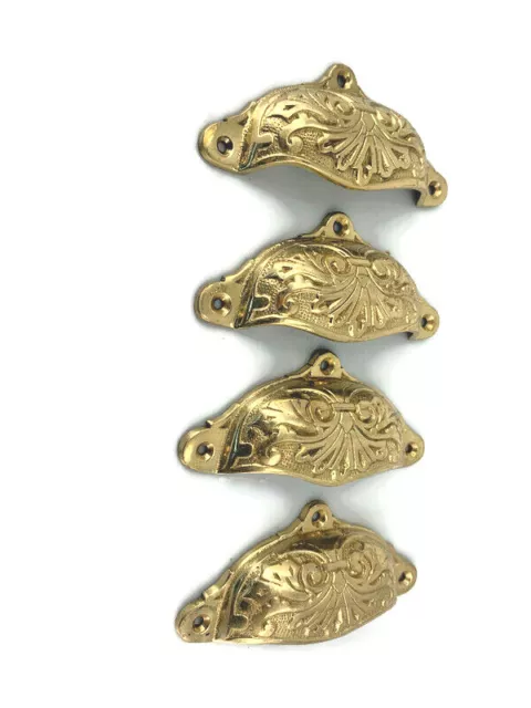 4 engraved cast shell shape pulls handles solid brass vintage POLISHED drawer B