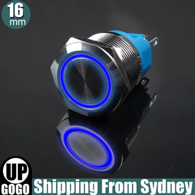 16mm Waterproof Switch Metal Push Button Latching ON/OFF 12V IP67 BLUE LED RING