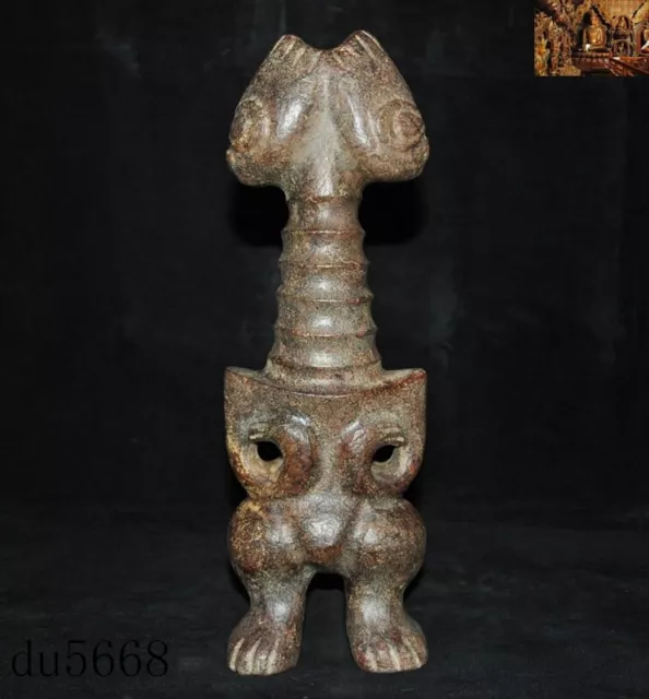 12"Rare China Hongshan Culture Hetian old jade double carved weird people statue