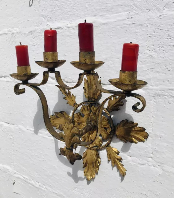 Antique Spanish Revival 4 Arm Wall Candle Candelabra Gilt Wrought Iron Gothic 3