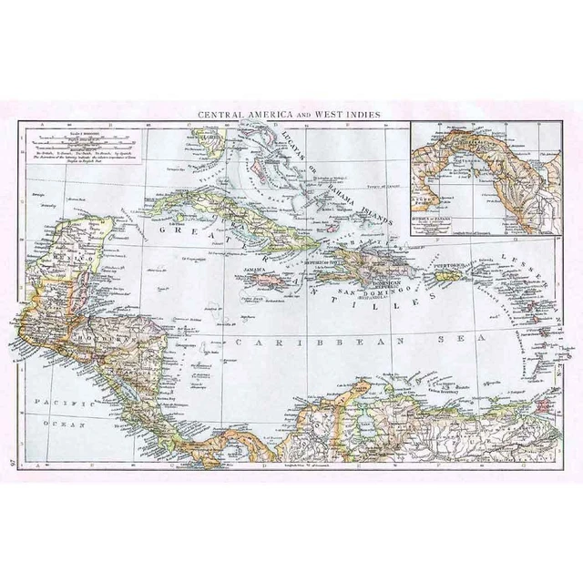 CENTRAL AMERICA and WEST INDIES - Antique Map 1899 From The Times Atlas