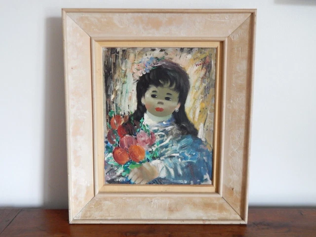 Tableau Ancien Original – Jeune Fille à La Cuisine – Huile Sur Toile – Signé – Style Réaliste