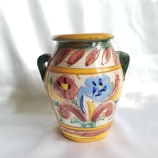Vintage Italian Majolica Hand Painted 2 Handle Earthenware Vase 7.5"H